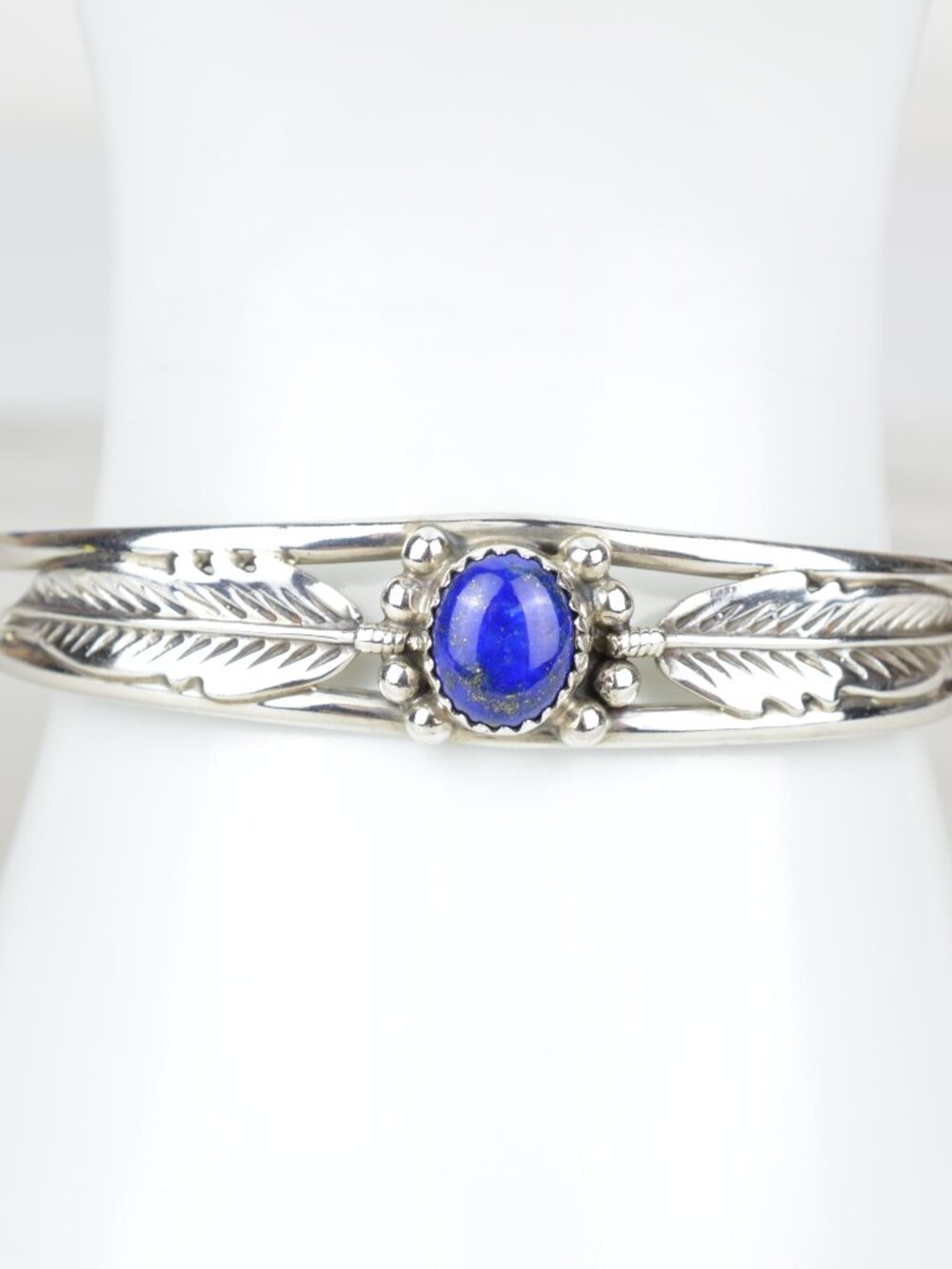 Vintage Lapis Lazuli Sterling Silver Feather Cuff Bracelet 925 Southwestern
